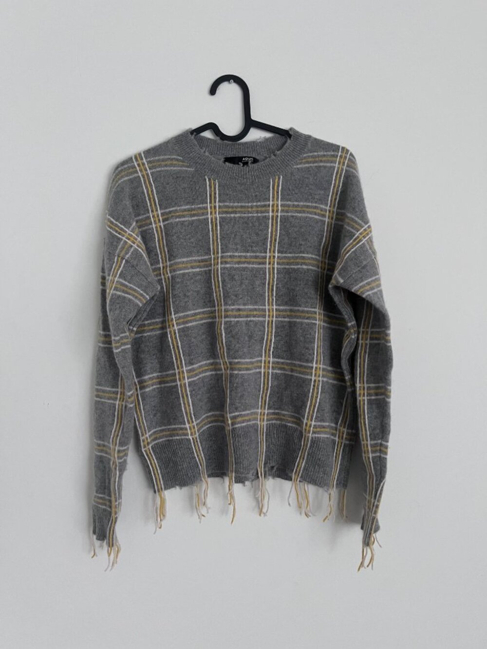 Aqua Cashmere Plaid Grey/Yellow 100% Cashmere Sweater Distressed Style